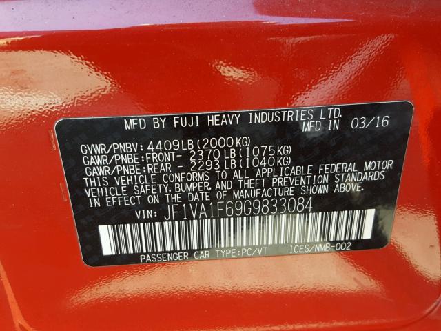 JF1VA1F69G9833084 - 2016 SUBARU WRX PREMIU RED photo 10