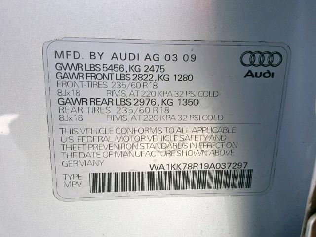 WA1KK78R19A037297 - 2009 AUDI Q5 3.2 SILVER photo 10