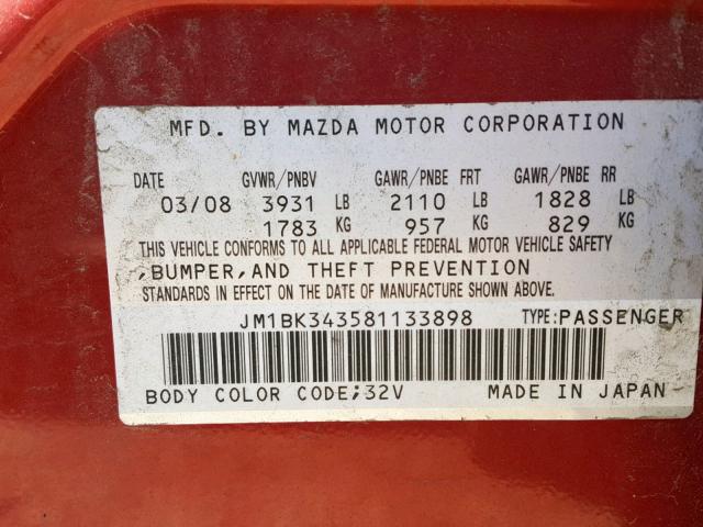 JM1BK343581133898 - 2008 MAZDA 3 HATCHBAC RED photo 10