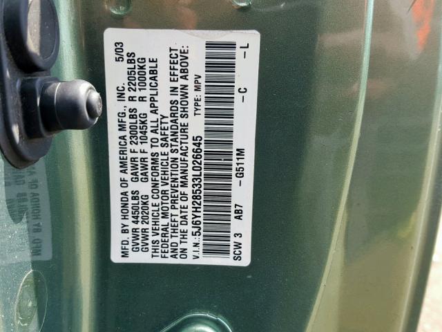 5J6YH28533L026645 - 2003 HONDA ELEMENT EX GREEN photo 10