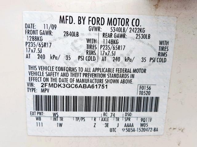 2FMDK3GC6ABA61751 - 2010 FORD EDGE SE WHITE photo 10