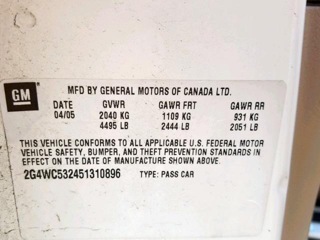 2G4WC532451310896 - 2005 BUICK LACROSSE C WHITE photo 10