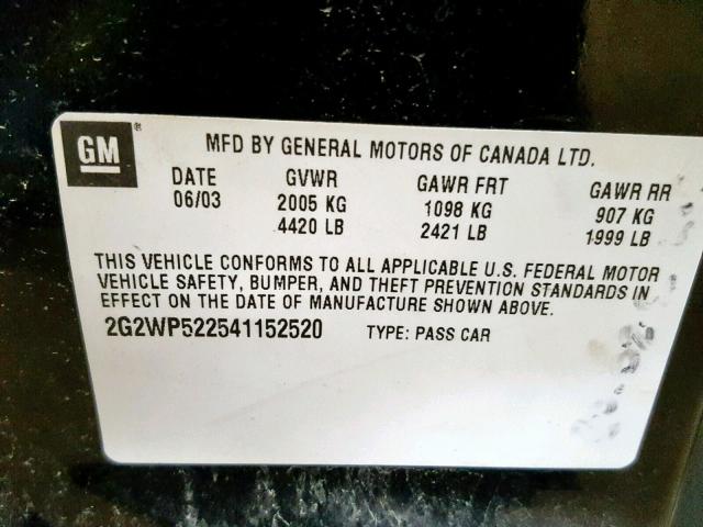 2G2WP522541152520 - 2004 PONTIAC GRAND PRIX BLACK photo 10