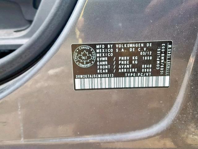 3VW2K7AJ5CM388313 - 2012 VOLKSWAGEN JETTA BASE 灰色 照片 9