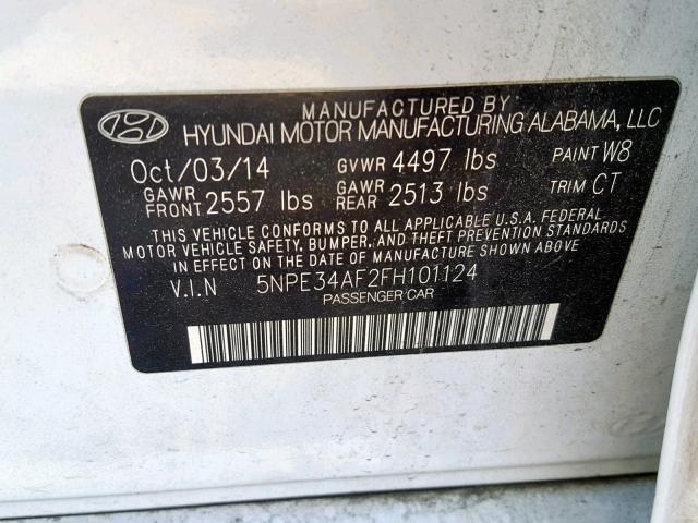 5NPE34AF2FH101124 - 2015 HYUNDAI SONATA SPO WHITE photo 10