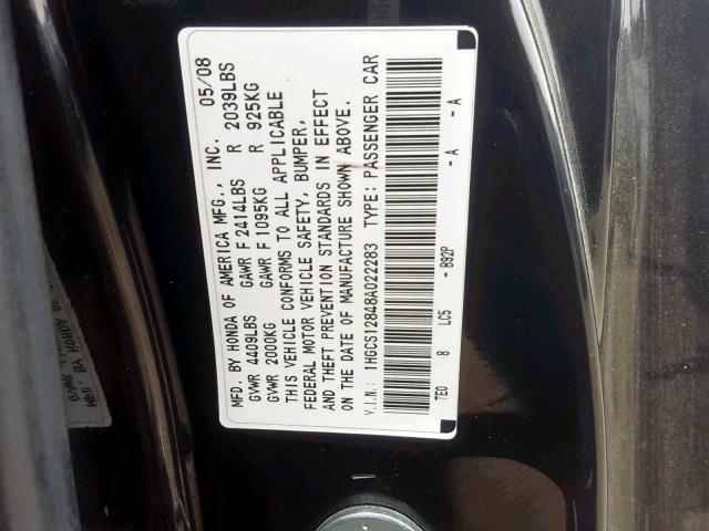 1HGCS12848A022283 - 2008 HONDA ACCORD EXL BLACK photo 10