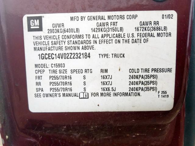 1GCEC14V02Z232184 - 2002 CHEVROLET SILVERADO C1500  photo 10