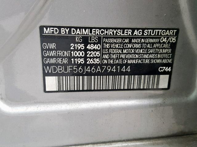 WDBUF56J46A794144 - 2006 MERCEDES-BENZ E 350 SILVER photo 10