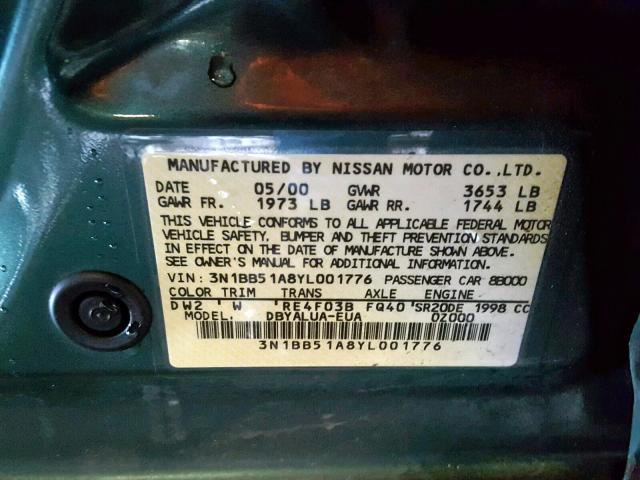 3N1BB51A8YL001776 - 2000 NISSAN SENTRA SE GREEN photo 10