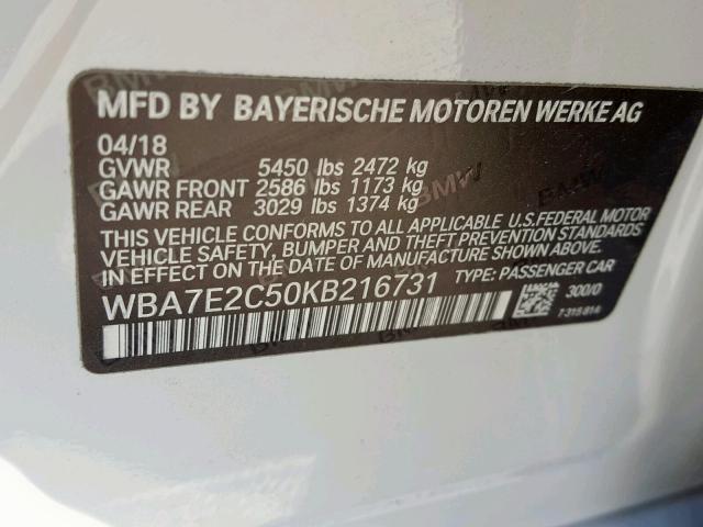 WBA7E2C50KB216731 - 2019 BMW 740 I WHITE photo 10