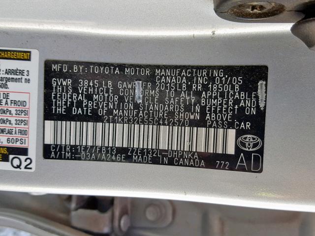 2T1KR32E55C442570 - 2005 TOYOTA MATRIX 银色 照片 10