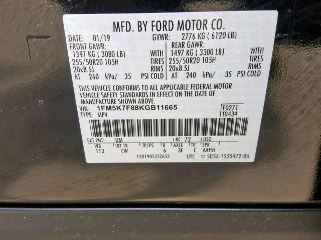 1FM5K7F88KGB11665 - 2019 FORD EXPLORER L BLACK photo 10