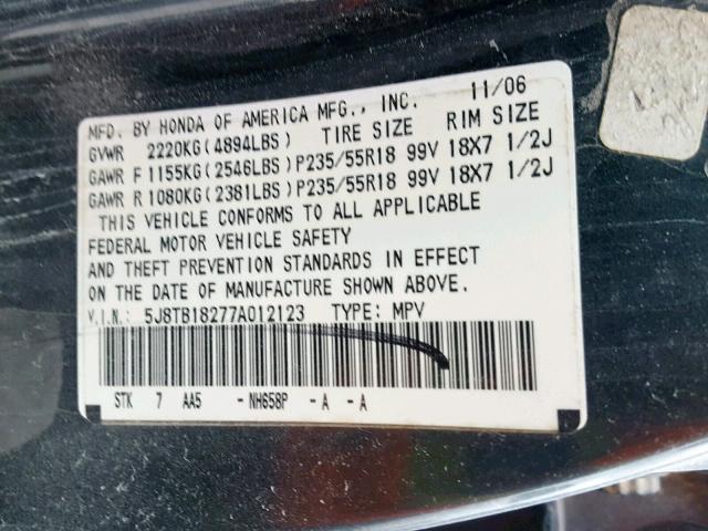 5J8TB18277A012123 - 2007 ACURA RDX GRAY photo 10