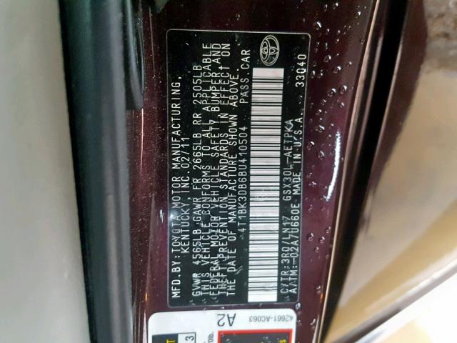 4T1BK3DB6BU410504 - 2011 TOYOTA AVALON BAS PURPLE photo 10