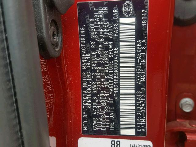 4T1B21FB9KU004766 - 2019 TOYOTA AVALON XLE RED photo 10