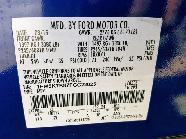 1FM5K7B87FGC22025 - 2015 FORD EXPLORER BLUE photo 10