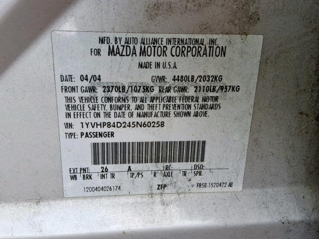 1YVHP84D245N60258 - 2004 MAZDA 6 S SILVER photo 10