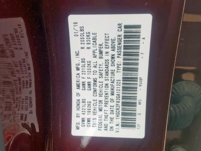 1HGCR2F83GA101325 - 2016 HONDA ACCORD EXL RED photo 10