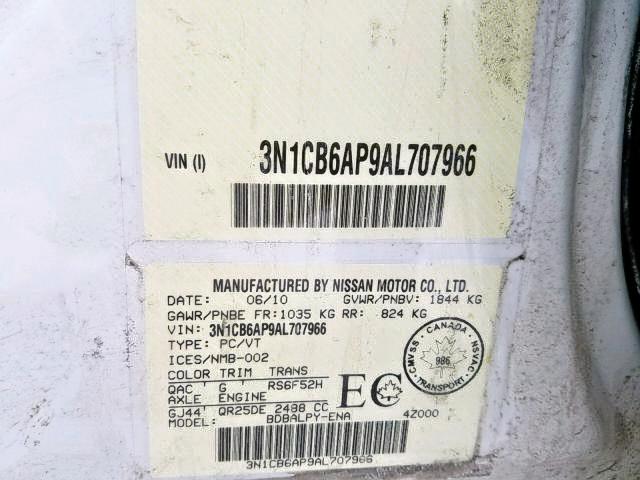 3N1CB6AP9AL707966 - 2010 NISSAN SENTRA SE- WHITE photo 9