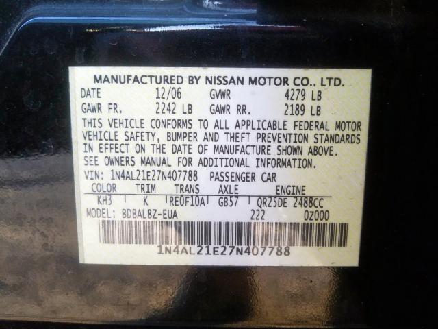 1N4AL21E27N407788 - 2007 NISSAN ALTIMA 2.5  photo 10