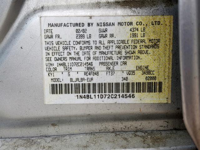 1N4BL11D72C214546 - 2002 NISSAN ALTIMA SE SILVER photo 10