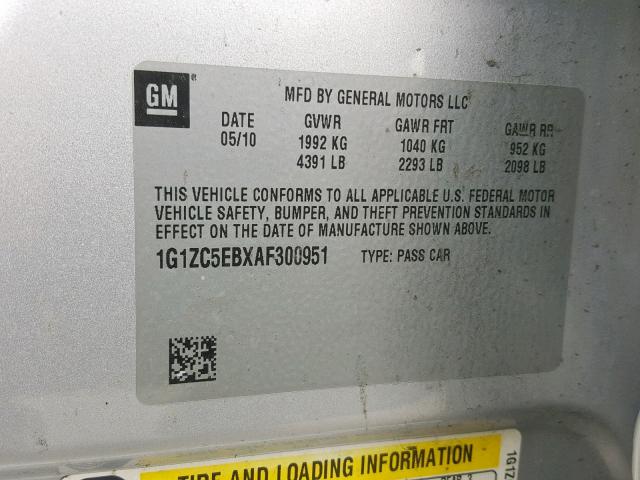 1G1ZC5EBXAF300951 - 2010 CHEVROLET MALIBU 1LT 银色 照片 10