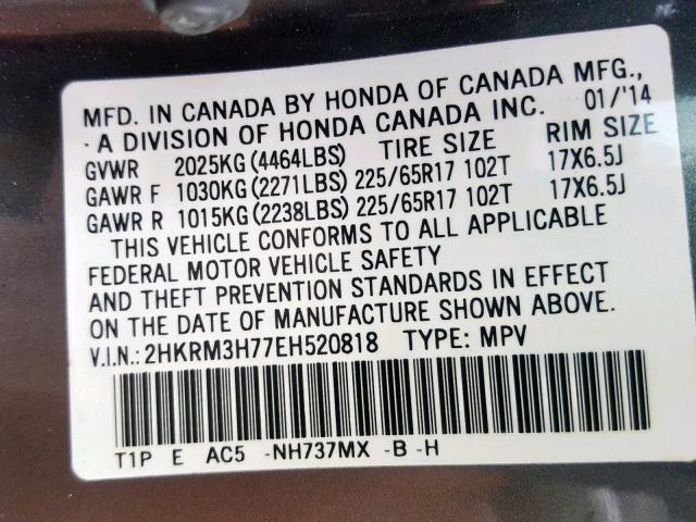 2HKRM3H77EH520818 - 2014 HONDA CR-V EXL GRAY photo 10