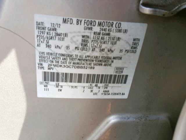 2FMDK3GC7DBB52189 - 2013 FORD EDGE SE SILVER photo 10