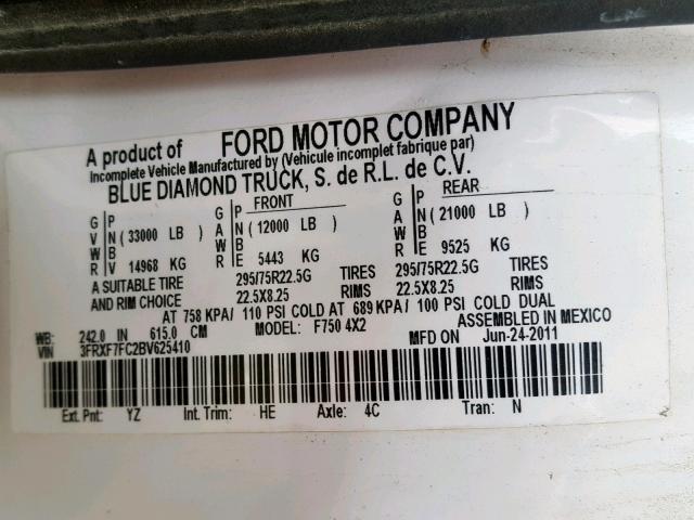 3FRXF7FC2BV625410 - 2011 FORD F750 SUPER WHITE photo 10