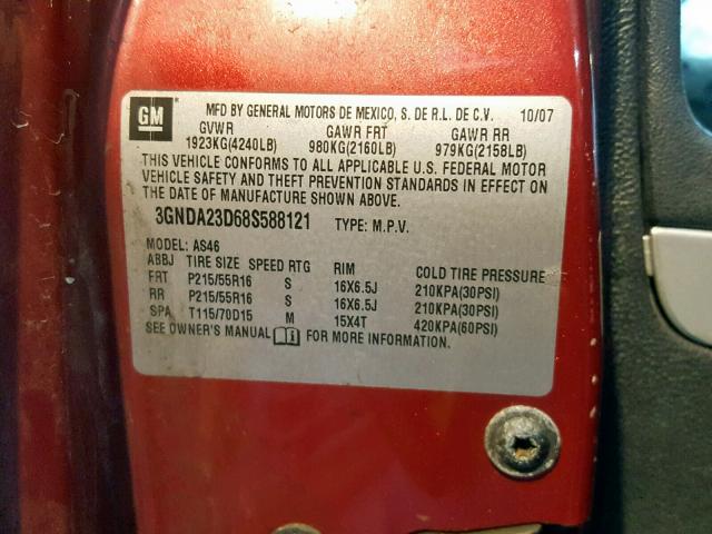 3GNDA23D68S588121 - 2008 CHEVROLET HHR LT RED photo 10