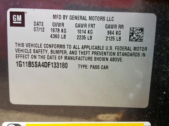 1G11B5SA4DF133180 - 2013 CHEVROLET MALIBU LS ნაცრისფერი ფოტო 10