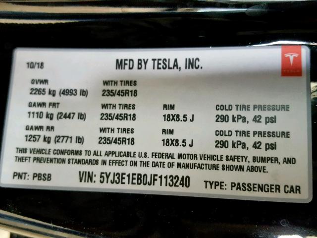 5YJ3E1EB0JF113240 - 2018 TESLA MODEL 3 BLACK photo 10