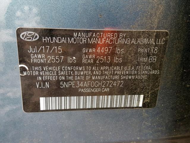 5NPE34AF0GH272472 - 2016 HYUNDAI SONATA SPO BLUE photo 10