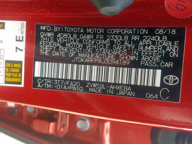 JTDKARFPXJ3094189 - 2018 TOYOTA PRIUS PRIM 红色 照片 10