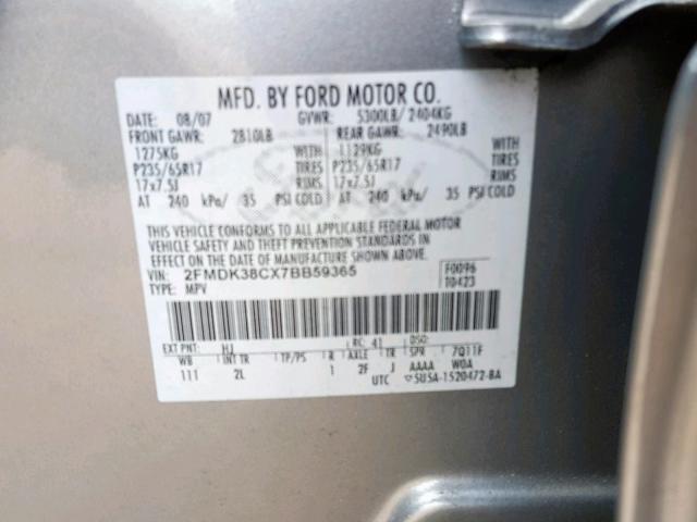 2FMDK38CX7BB59365 - 2007 FORD EDGE SEL SILVER photo 10