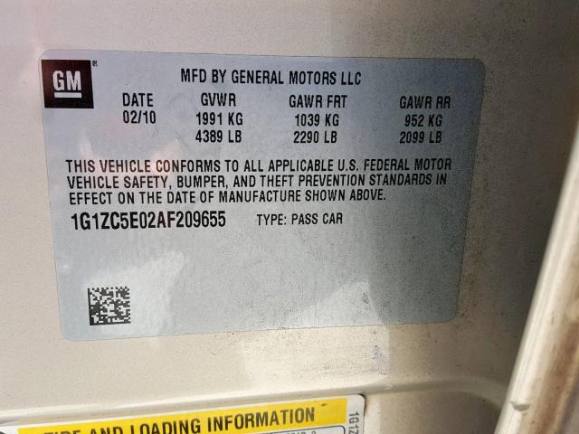 1G1ZC5E02AF209655 - 2010 CHEVROLET MALIBU 1LT 米色 照片 10