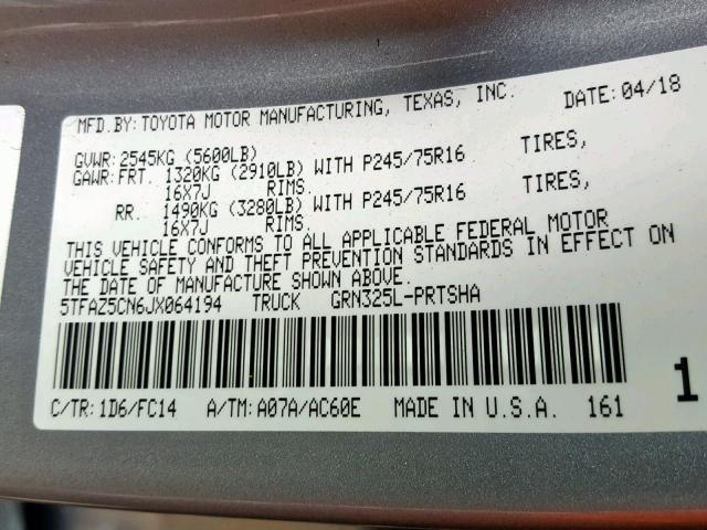 5TFAZ5CN6JX064194 - 2018 TOYOTA TACOMA DOU GRAY photo 10