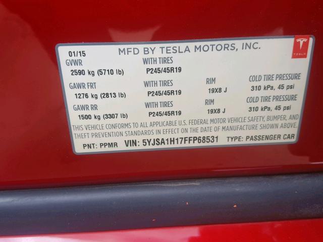 5YJSA1H17FFP68531 - 2015 TESLA MODEL S 85 RED photo 10