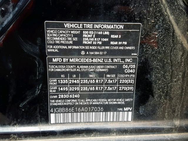 4JGBB86E16A017036 - 2006 MERCEDES-BENZ ML 350 BLACK photo 10