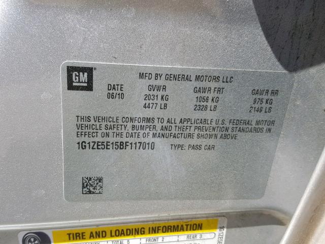 1G1ZE5E15BF117010 - 2011 CHEVROLET MALIBU LTZ ვერცხლისფერი ფოტო 10