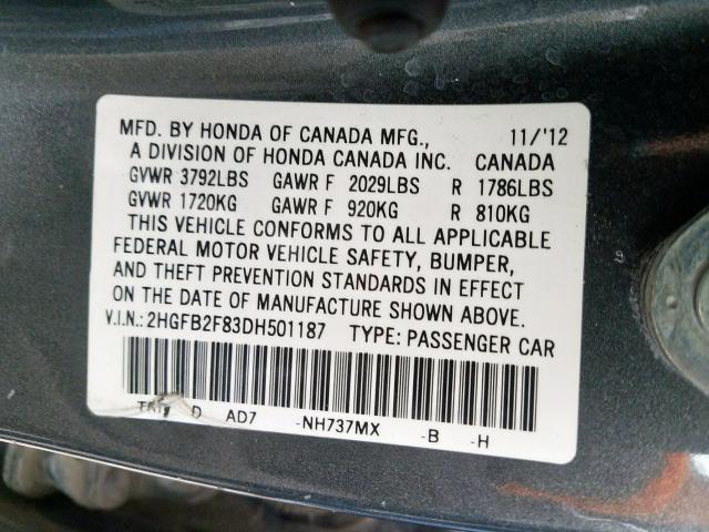 2HGFB2F83DH501187 - 2013 HONDA CIVIC EX  photo 10