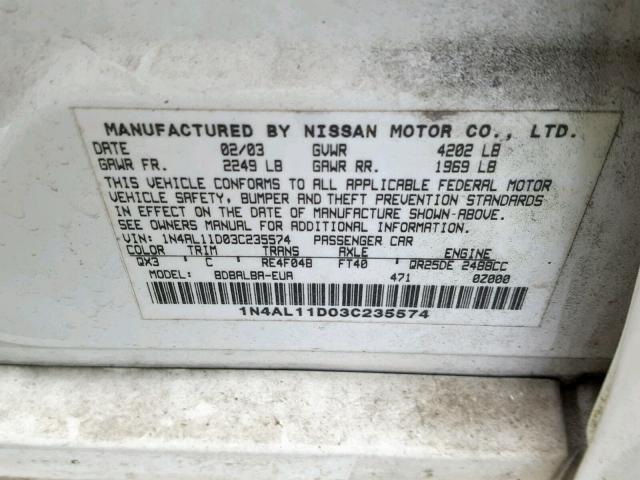 1N4AL11D03C235574 - 2003 NISSAN ALTIMA BAS WHITE photo 10