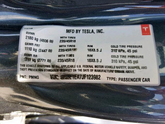 5YJ3E1EA7JF123982 - 2018 TESLA MODEL 3 GRAY photo 10