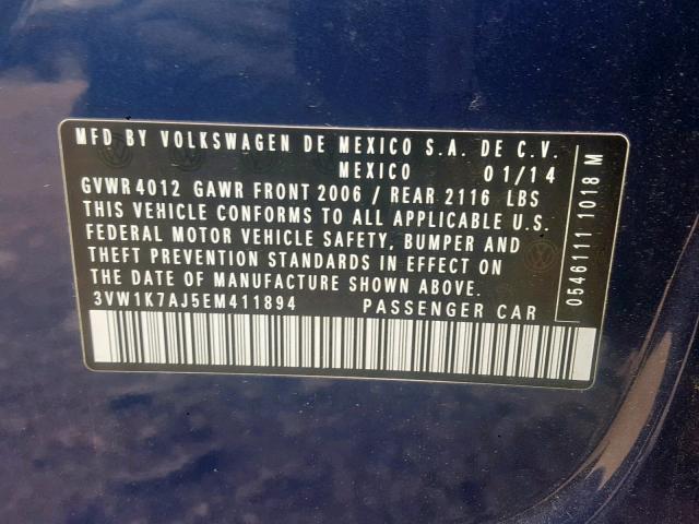 3VW1K7AJ5EM411894 - 2014 VOLKSWAGEN JETTA BASE Կապույտ լուսանկար 10