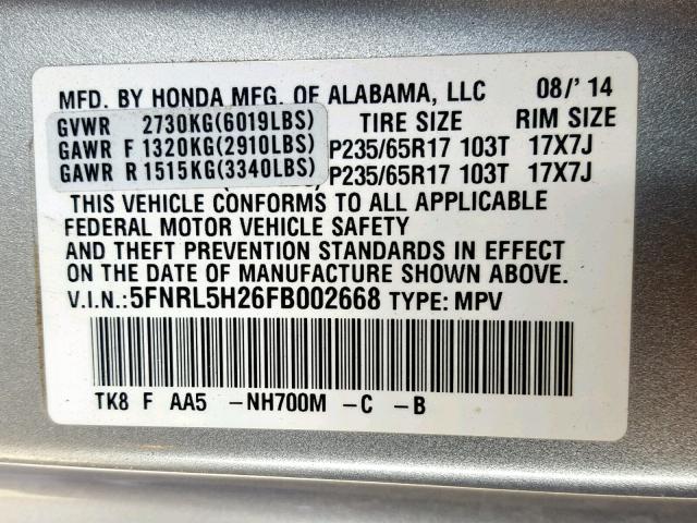 5FNRL5H26FB002668 - 2015 HONDA ODYSSEY LX SILVER photo 10