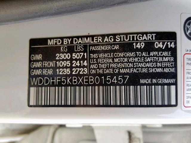 WDDHF5KBXEB015457 - 2014 MERCEDES-BENZ E 350 WHITE photo 10