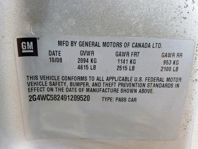 2G4WC582491209520 - 2009 BUICK LACROSSE C SILVER photo 10