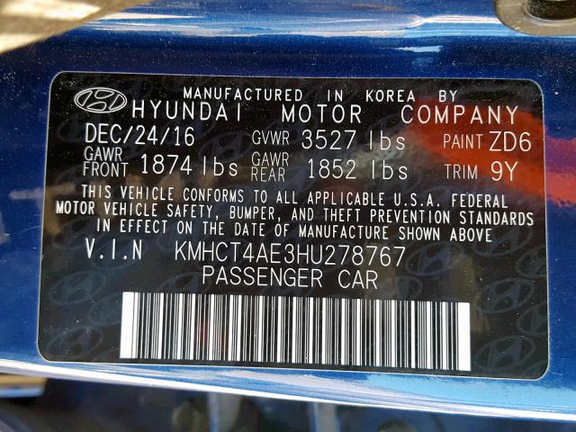 KMHCT4AE3HU278767 - 2017 HYUNDAI ACCENT SE BLUE photo 10