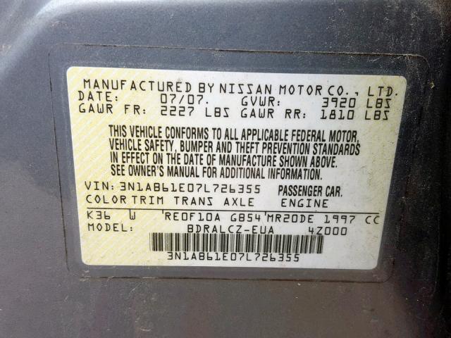 3N1AB61E07L726355 - 2007 NISSAN SENTRA 2.0 GRAY photo 10