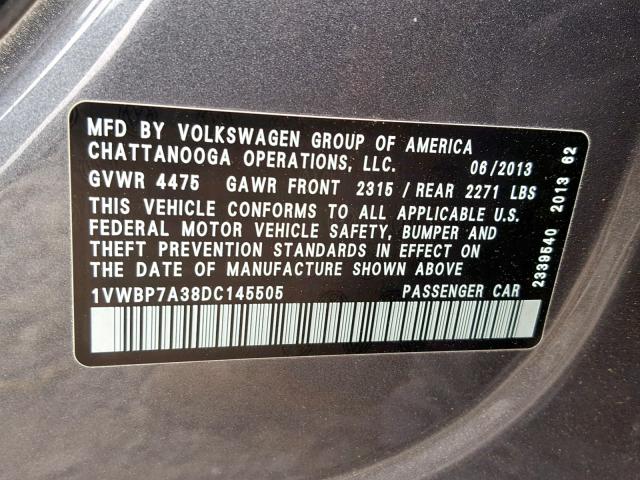 1VWBP7A38DC145505 - 2013 VOLKSWAGEN PASSAT SE GRAY photo 10